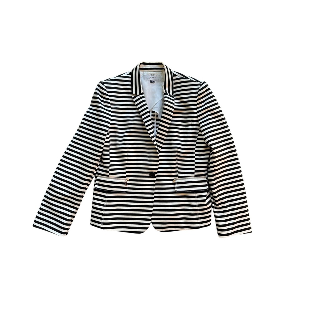 Tahari Arthur S Levine Womens Black‎ White Striped Knit Blazer Jacket Size 12